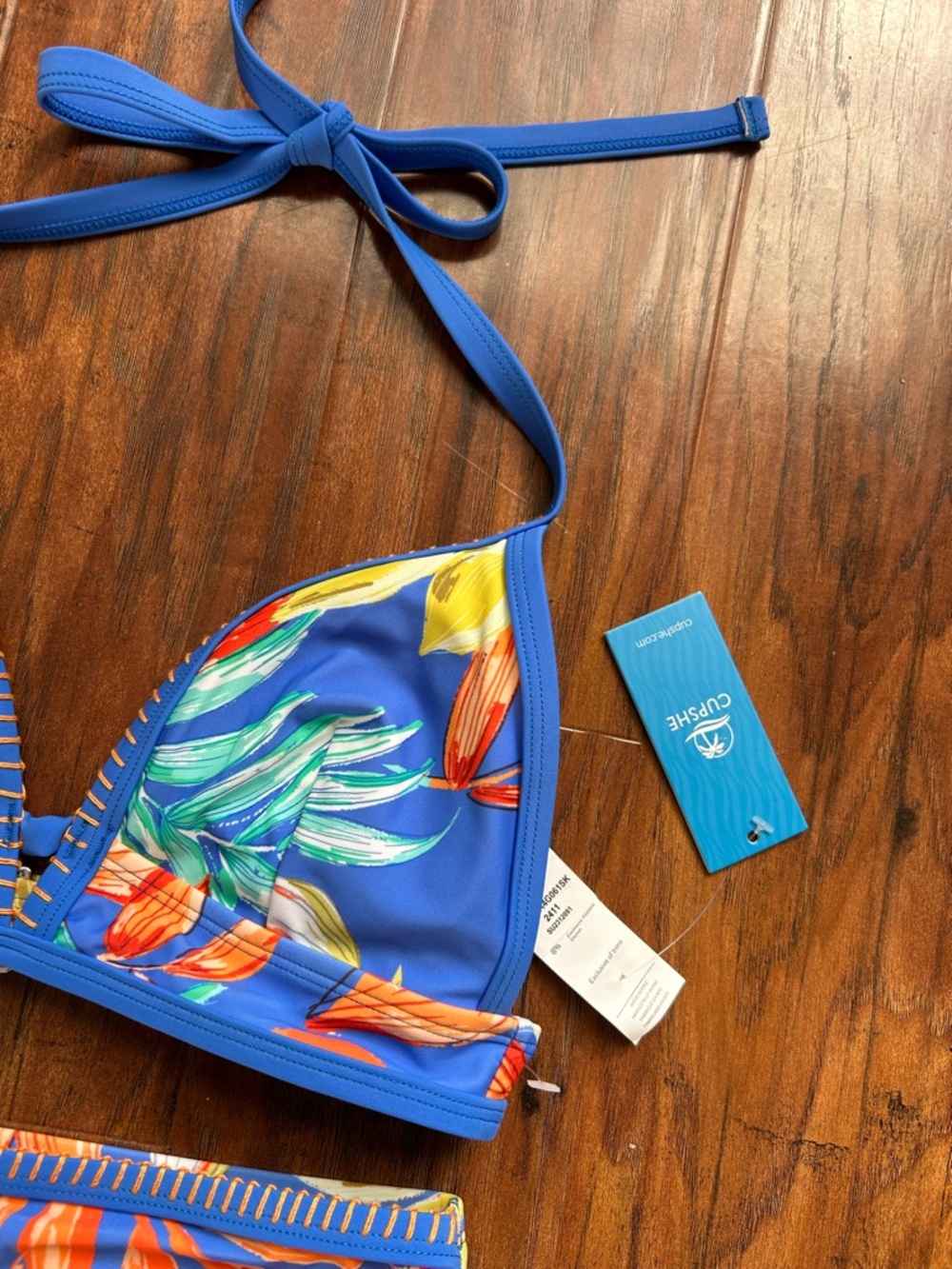 Cupshe Blue Tropical Triangle Bikini Set with Orange & Green Leaf Print - Picture 4 of 10